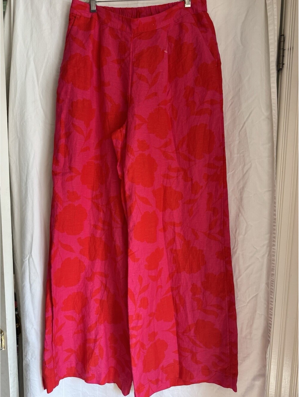 kate spade new york Pink/Red Floral Linen Wide-Leg Pull-On Pants Pockets 30"